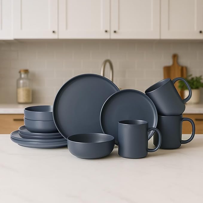 12-Piece Matte Blue Dinnerware Set,Stoneware Dinnerware for 3, Microwave & Dishwasher Safe, Stackable Design for Kitchen and Dining - Plates,Bowls and Mugs
