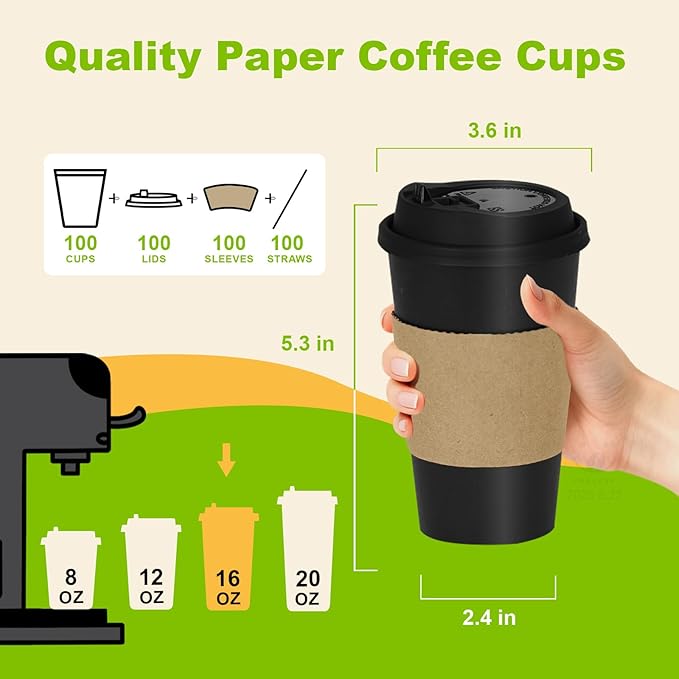 100 Pack 16 oz Disposable Coffee Cups with Lids and Sleeves, To Go Coffee Cups with Lids, Leak-Proof Hot Coffee Cups, PLA Black Paper Coffee Cups for Hot Beverage