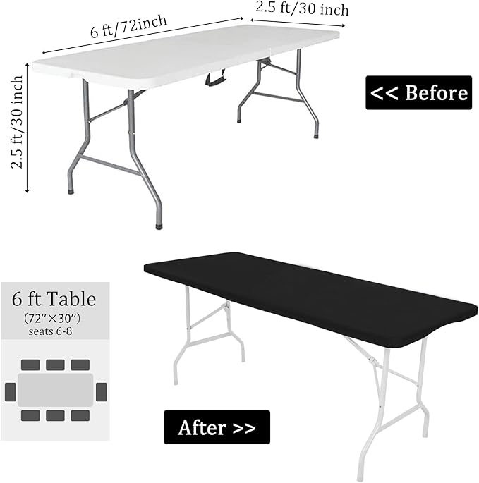 4 Pack Spandex Table Top Cap Cover Stretch Fitted Washable Elastic Rectangle Tablecloth for 6 FT Folding Tables for Indoor Outdoor Party (72 x 30 Inches, Black)