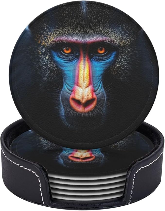 Mandrill face Printed Leather Coasters for Drinks, Set of 6 Drink Coaster Dining Room Decor Cup Coasters