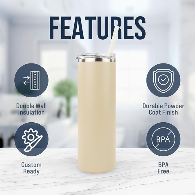 Hogg 20 oz Skinny Case (24 Units) - Beige, Powder Coated Tumblers for Laser Engraving, Engravable Tumblers Bulk, Stainless Steel Cups Bulk, Insulated Cups with Lids and Straws