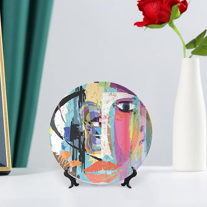 Decorative Plates, Abstract Print Ornament, Woman Face Art Paint Strokes and Splashes Eye Red Lips Grungy, 8 Inch, Kitchen Wall Decor, Multicolor