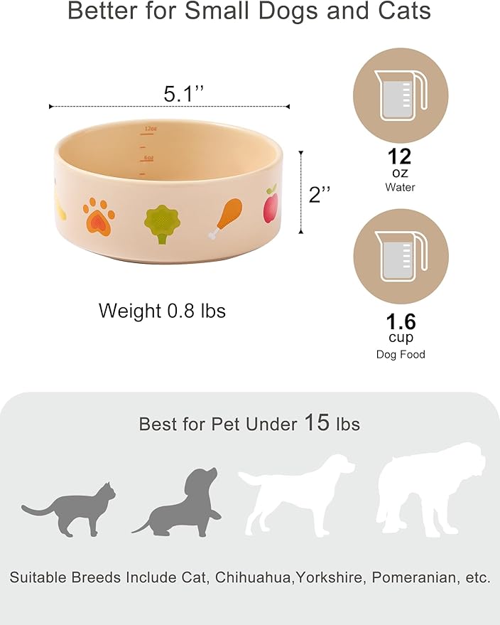 Ceramic Dog and Cat Bowl Set of 2 with Weighted Non-Slip Ring - 1.6 Cups, Stoneware Food and Water Set, Pet Feeding, Microwave and Dishwasher Safe-NomNom-S 2pcs