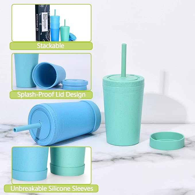 Homestockplus 10 Oz Wheat Straw Reusable Cups with Lids & Silicone Straws | Anti-slip Kids & Family Safe Drinking Cup for Milk, Juice, Smoothies | Dishwasher Microwave Safe -Easy Clean For Daily use