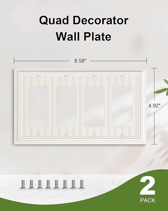 2-Pack Classic Beadboard Quad Decorator Wall Switch Cover, Light Almond Decorative Switch Plate and Outlet Cover, Natural Bamboo Fiber 4 Gang Wall Plate for Electrical Outlet, Receptacle, GFCI Outlet