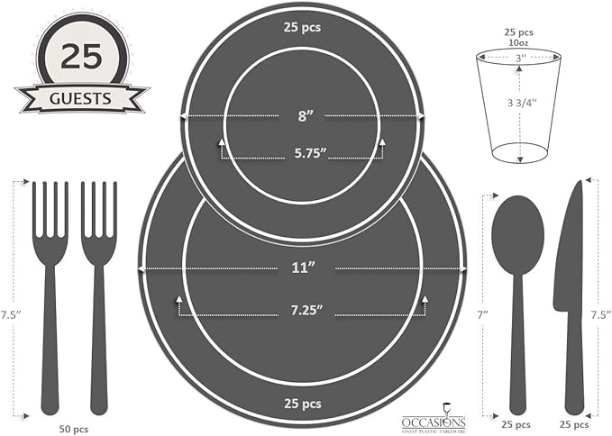 " OCCASIONS " 200pcs set (25 Guests)-Extra Heavyweight Vintage Wedding Disposable/Reusable Plastic Plates (25 x 11'' + 25 x 8.25'')+ Silverware + Cups + Napkins (Chateau in Pink Blush)
