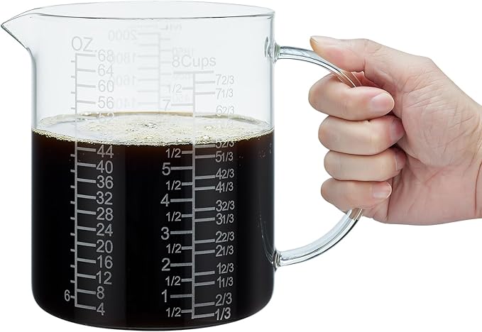 Borosilicate Glass Measuring Cup with Insulated Handle, V-Shaped Spout, Clear, 2000ml/64oz Capacity, Etched Graduation, Easy to Read