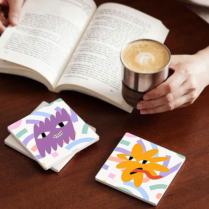 MAYCARI Cartoon Funny Grimace Face Coasters Set of 6 Cork Backed Cute Coasters with Metal Holder Original Ceramic Surface Drink Cup Mats for Tabletop Protection Modern Desk Decoration Birthday Gifts