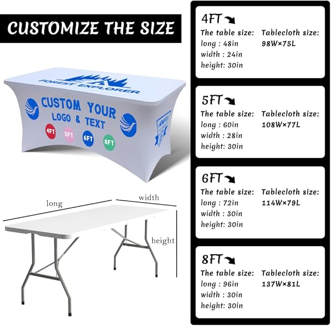Personalized Table Cloth with Logo Image Customized Tablecloth 4FT/5FT/6FT/8FT Spandex Customized Table Cover Promotional Business Tradeshow Events Birthday Party Wedding (4FT Spandex(Closed back))