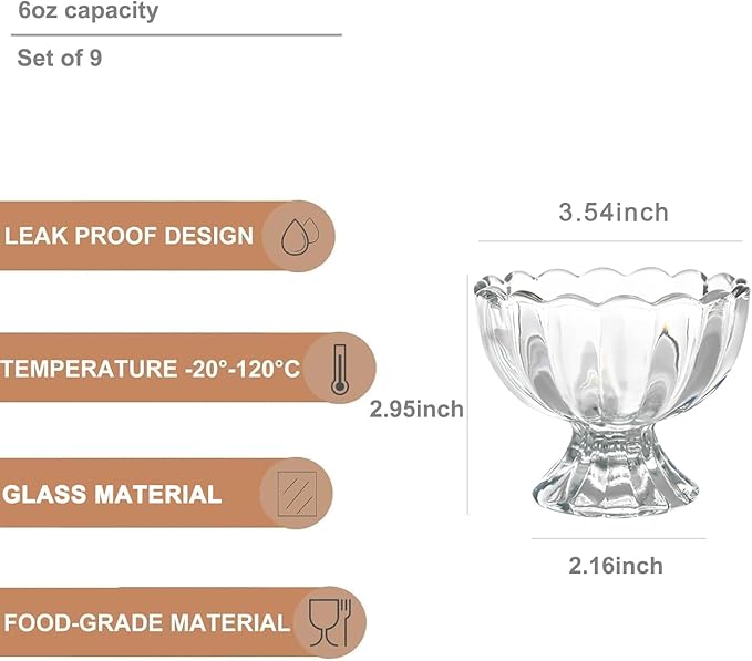 Iced Cream Dessert Bowl，Set of 9，6oz Vintage Glass ware with Heavy Base, Drinking Cup for Sundae, Fruit, Ice Cream, Snack, Condiment (9)