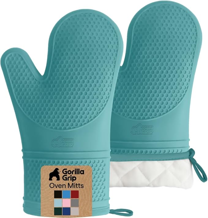 GORILLA GRIP BPA-Free Soft Silicone Oven Mitts, Heat Resistant and Waterproof Cooking Gloves, Thick Cotton Lining, Flexible Gripping for Baking Grilling, Kitchen Potholders Set, 12.5x8.3, Turquoise