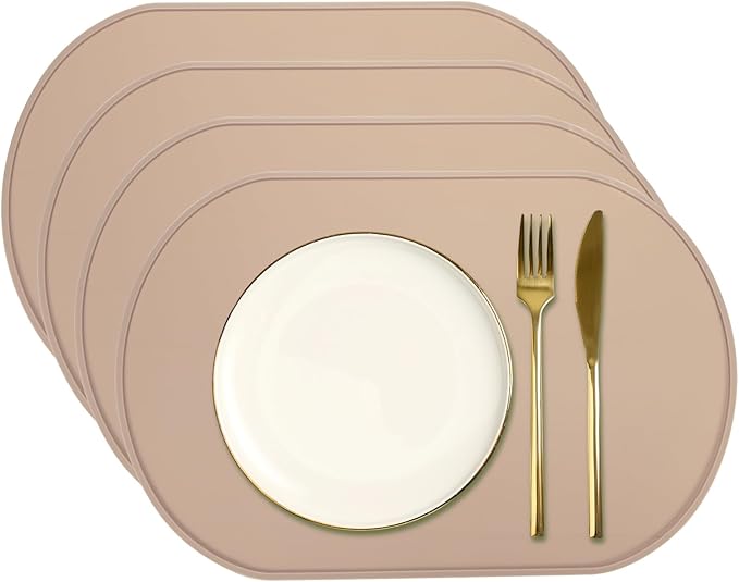 uxcell 4 Pcs Oval Silicone Placemat, 15.4" x 10.4" Non-Slip Washable Table Placemats Heat Resistant Waterproof Mat with High Edge for Table Kitchen Desk Protection, Brown Red