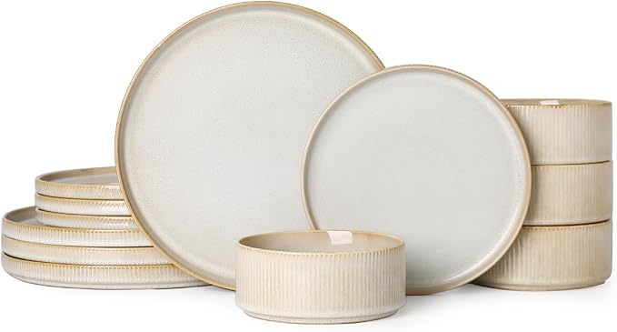 Stoneware Dinnerware Sets for 4, Stoneware Plates and Bowls Set, 12-Piece Ribbed Dishes – Chip & Scratch Resistant, Microwave and Dishwasher Safe Tableware, Reactive White