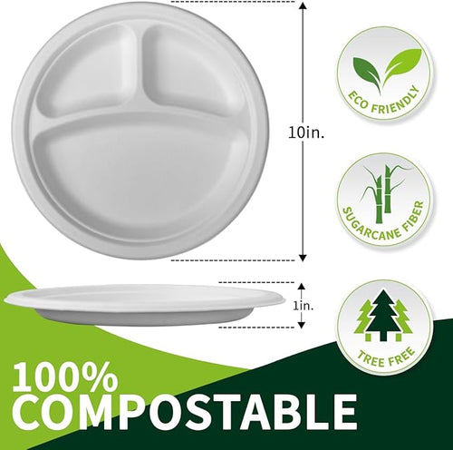 10 Inch 3 Compartment Paper Plates 【White 150 Pack】, Compostable Divided Plates, 100% Sugarcane Bagasse, Heavy Duty Disposable Plates for Party, BBQ, Picnic, Catering