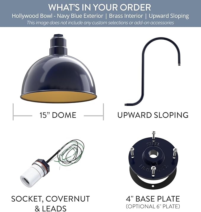 Steel Lighting Co. Hollywood Bowl Light | Outdoor Wall Mounted | 15 inch Bowl Dome | Upward Sloping Gooseneck | Barn Light Made in America | Navy Blue Exterior/Brass Interior