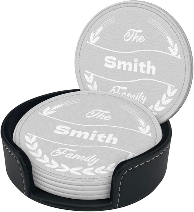 Personalized Coasters Set of 6, Photo PU Leather Coasters, Custom Grey Coaster with Last Name, Leather Gifts for 3rd for Him, Family Coaster 6 Packs, Gift for Thanksgiving