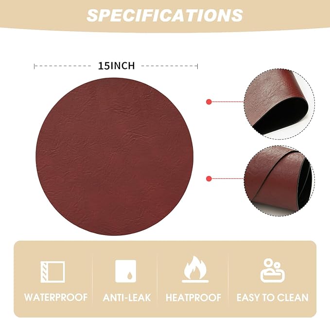 Artoid Mode Red Faux Leather Placemats Set of 4, 15 Inch Waterproof Wipeable Heat Resistant Vinyl Place Mats, Reversible Table Mats for Christmas Kitchen Dining Decor