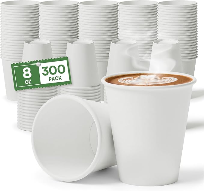 White Paper Cups 8 oz Disposable Coffee Cups, 300 Pack BPA Free Hot Cups, 300GSM Thickened White Disposable Cups, Bulk Small Drink Cups for Everyday Office Coffee Bar Supply Party Essentials