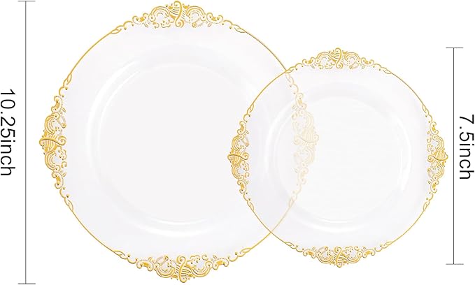 102PCS Clear Gold Plastic Plates - Clear Disposable Plates with Gold Rim - Clear Party Plate Include 51PCS Dessert Plates, 51PCS Dinner Plate for Weddings & Parties