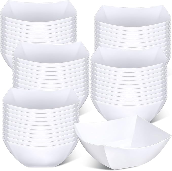 Tanlade 50 Pcs Square Plastic Serving Bowls Disposable Snack Salad Bowl Small Party Candy Bar Containers Taco Bar Serving Dishes for Buffet Chips Fruit(White,16 oz)