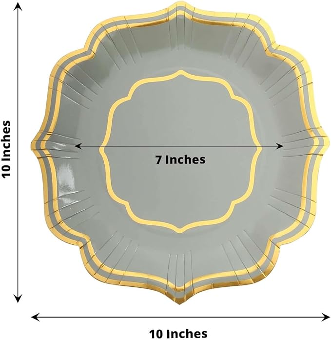 50 Pack 10" Sage Green/Gold Scallop Rim Dinner Plates, Disposable Round Paper Party Plates 300 GSM for Festive Table Decoration