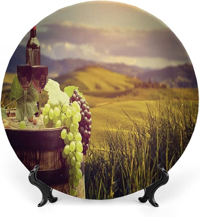Decorative Plates, Wine Print Ornament, Italy Tuscany Landscape Rural Vineyard, 8 Inch, 1 Plate with 1 Display Stand, Green Black Brown