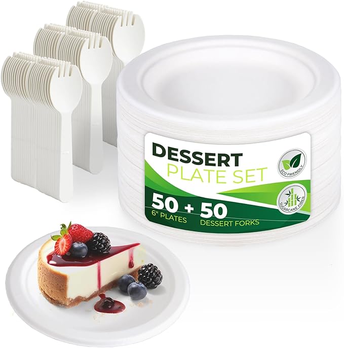 200PCS (100Sets) Biodegradable Paper Plates Set, (100PCS 6" Dessert Plates and 100PCS Forks/Sporks), Compostable Appetize Plate, Disposable Cake Plate, Perfect for Birthday Party