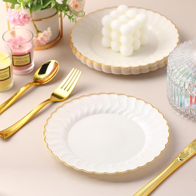 Mifoci 100 Pcs 7.5 Inch Ivory with Gold Rim Plastic Disposable Plates Bulk Salad Dessert Appetizer Cake Plates Elegant Fancy Plastic Tableware for Party Holiday, Wedding, Catering Table Decoration