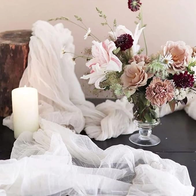 Joanlody Ivory Cheesecloth Table Runner Fall Thanksgiving 10Ft Rustic Gauze Boho Cheese Cloth Table Runner for Wedding Bridal Baby Shower Decoration