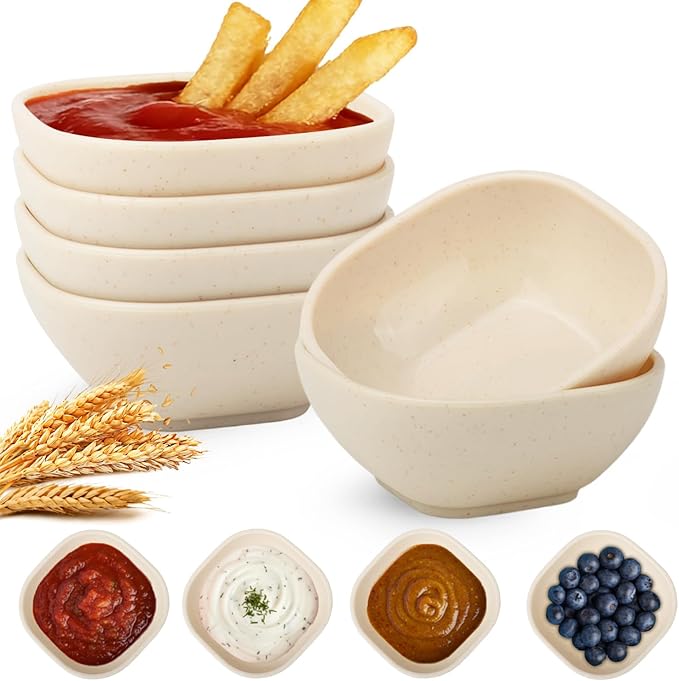 Dipping Bowls 5 OZ, Wheat Straw Small Bowls for Dips, Reusable Small Plastic Bowls Set of 6, Unbreakable Charcuterie Cups, Charcuterie Bowls for Kitchen, BBQ, Party, RV - Beige