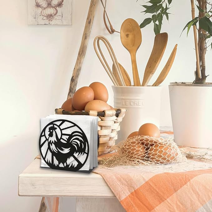 Chicken Decorative Black Metal Napkin Holder for Table, 4.9" x 4.6" x 2" Rooster Farm Animal Standing Napkin Holder for Home Kitchen Restaurant Picnic Party Coffee Bar Dining Room