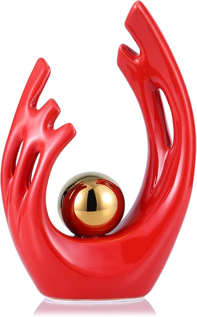 LCCCK 9.5" H Red Gold Aesthetic Room Decor Accent, TV Stand Funky Table Centerpiece, Abstract Art Ceramic Statue and Sculpture, Red Decor for Living Room, Bookshelf Decorative Objects, Shelf Decor
