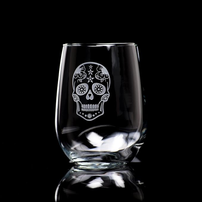 Rolf Glass Sugar Skull Stemless Wine Tumbler 17 ounce - Stemless Wine Glasses - Lead-Free Glass - Etched Tumbler Glasses - Proudly Made in the USA (Set of 2)