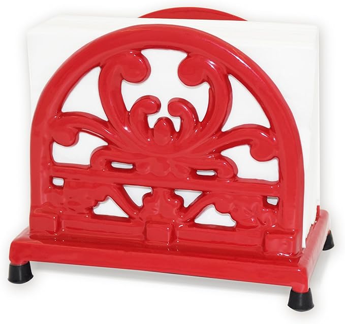Vintage Cast Iron Napkin Holder for Table, Upright Paper Napkins Dispenser for Kitchen Restaurant Cocktail Bar with Red Flower Pattern Decor