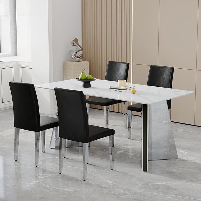 Dining Chairs Set of 4,Faux Leather with Chrome Plate Metal Legs,Armless Kitchen Room Chairs Set of 4,Max Load 300 Lbs,High Back Modern Design for Home Kitchen Living Room Bedroom