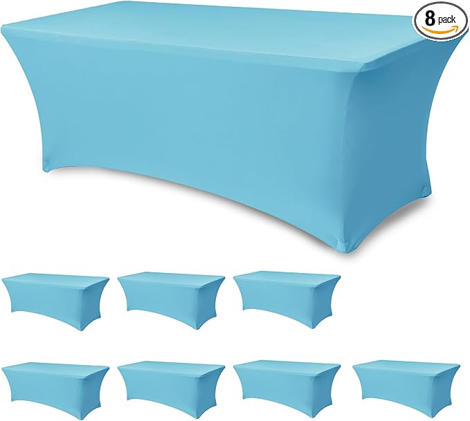 Stretch Table Cover for 6 Foot Tables-8 Pack Light Blue Spandex Fitted Tablecloth-Elastic 6ft Folding Tablecloths for Party, Vendor Booth Display, Banquet Buffet Event, Craft Trade Show
