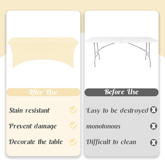 HAISIWLKJ 3 Pack Table Cloth 8ft Beige Tablecloths for Rectangle Folding Table Spandex Fitted Stretch Table Cover Wrinkle Resistant Washable Table Protector for Party, Wedding, Banquet, Festival.