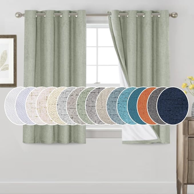 PrinceDeco Sage 100% Blackout Curtains 54" Long Blackout Curtains for Bedroom Linen Texture Solid Thermal Insulated with White Liner Luxury Decor for Nursery 52x54 Inch (2 Panels)