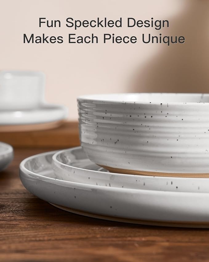 Plates and Bowls Sets for 6 (18-Piece) Stoneware Reactive Glaze Dinnerware with Speckles & Spirals, Chip and Scratch Resistant Flared Dishes Set with Gift Box, Microwave Dishwasher Safe, White