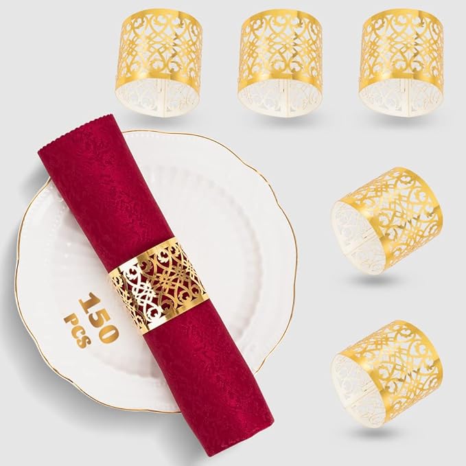 150PCS Premium Napkin Rings Laser Cut Foil Paper Napkin Holder for Wedding Party Dinner Table Decor,Special Events and Catering Services (Gold)