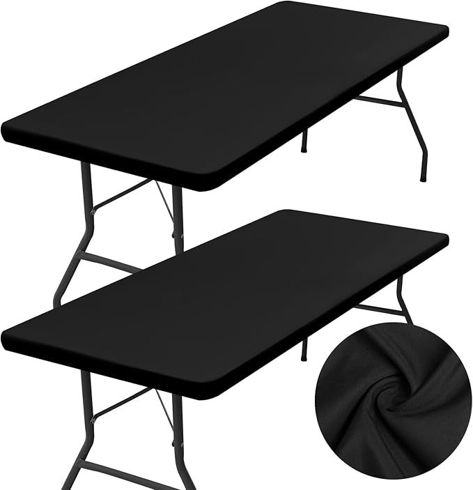 homing 2 Pack Rectangle Table Cloth, Elastic Fitted Fabric Tablecloth Fits for 4 Foot Folding Tables, Washable Table Cover for Picnic, Camping, Indoor & Outdoor (Black, 30" x 48")