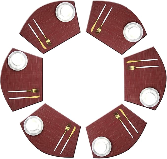 Wedge Placemats for Round Dining Table Woven Vinyl Easy Wipe Plastic Non Slip Table Mats Set of 6（Red）