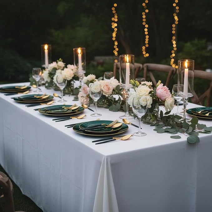 Liacere 150PCS Green Plastic Plates - Gold Plastic Silverware with Green Handle - Heavy Duty Fancy Plastic Plates Disposable Include 30 Guests Plates, Forks, Spoons, Knives for wedding＆Christmas