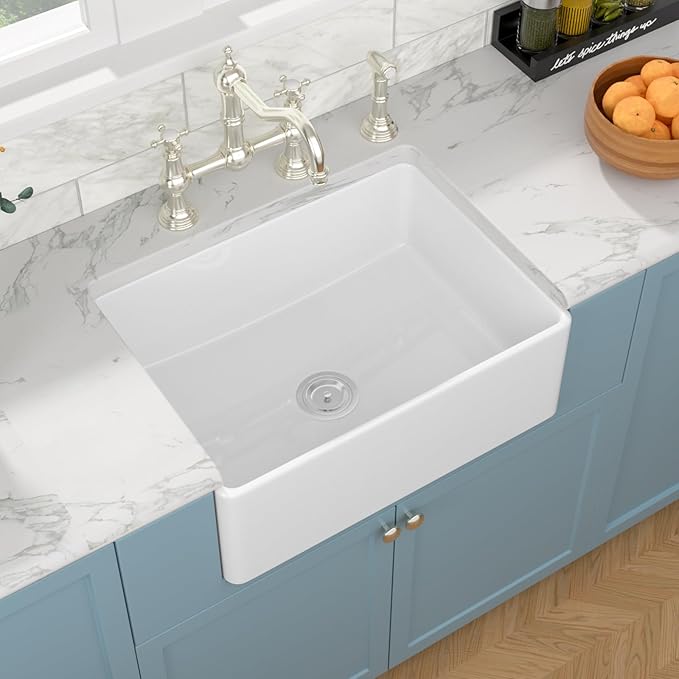 Sarlai 30 White Farmhouse Kitchen Sink - 30 x 20 Inch Kitchen Sink Apron Front Farm Style Sink White Ceramic Porcelain Fireclay Single Bowl Farm Sink Basin