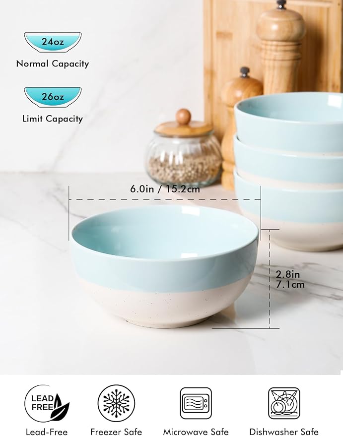 AISBUGUR Cereal Bowls Set of 4, 26oz Large Soup Bowls for Kitchen, Ceramic Serving Bowls for Oatmeal, Salad, Pasta, Soup, Dessert, Dishwasher & Microwave Safe, Blue