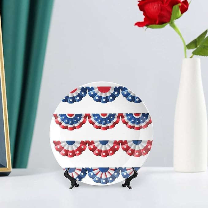 Ceramic Display Plate, American Flag Decor Ceramic Hanging Decorative Plate, Flag Round Bunting Election Ornament Pattern, 8 Inch, Household Custom Ceramic Plate, Blue Red
