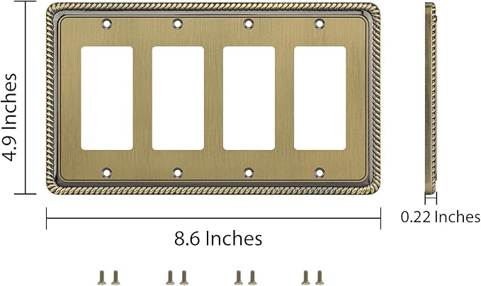 Henne Bery Rope Edge Decorative Wall Plate Switch Plate Outlet Cover (Quad Decorator, Antique Brass)