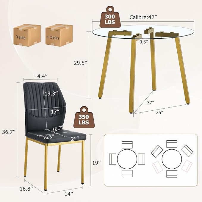 42" Round Glass Dining Table Set for 4,Modern Breakfast Table Set for 4 with Luxury Gold Chrome Legs,Space Saving Kitchen Table and Black Chairs for Apartment,Easy Assembly