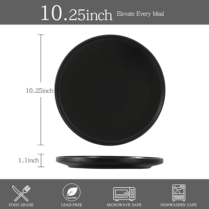 Stoneware Dinner Plates Set of 4, 10.25 Inch Plates for Steak, Pasta, Ceramic Plates Sets, Microwave Safe, Dishwasher Safe, Versatile for All Seasons, Matte Black