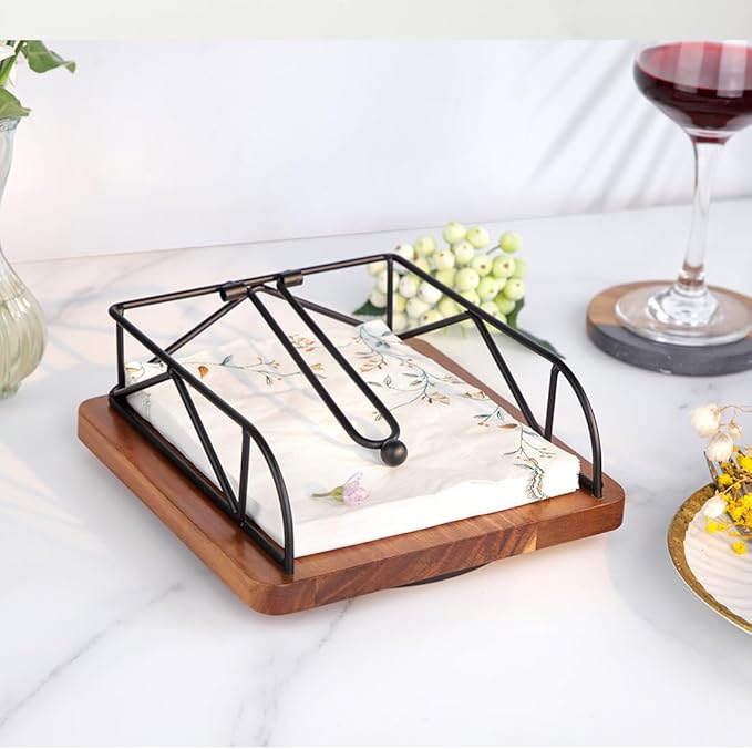 Napkin Holder for Table, Acacia Wood & Metal 360° Rotating Rustic Square Standing Napkin Holders for Paper Napkins, Farmhouse Style Kitchen Dining Table Decor – Black